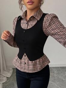 Elenzga 女款棕色格紋拼接羅紋布料領口收腰設計 2合1 優雅教師風套裝，適用日、Cyber Monday、萬聖節、單身派對、平安夜、聖誕節、感恩節，秋季襯衫上衣服飾，新款必備時尚單品，小眾設計，百搭風格 - 彩色 - 查看 4