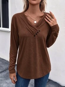 SHEIN LUNE 女款V領百褶鈕扣飾休閒T恤秋季女裝 - 棕色 - 查看 3
