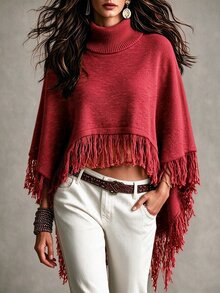 SHEIN Fall Solid Heather Knit High Turtleneck Irregular Hem Tassel Fringe Cape Poncho Outerwear Shawl - Red - View 3
