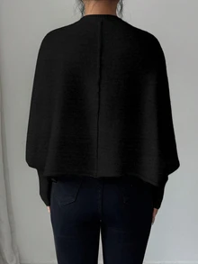Elenzga 女款秋季新品單件圓領極簡優雅短版針織套頭長袖毛衣，適合日常穿著與通勤百搭 - 黑色 - 查看 2