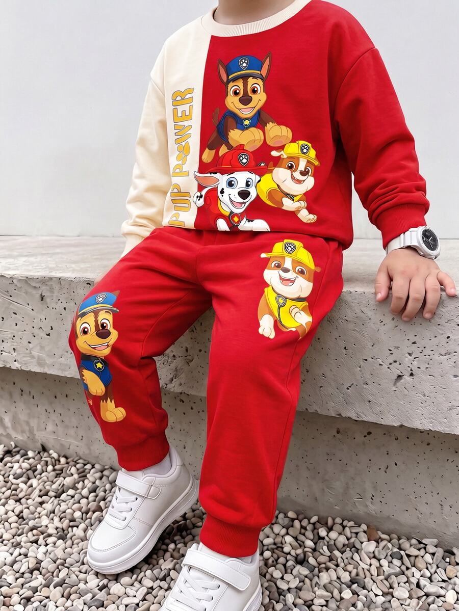SHEIN | PAW Patrol 小男孩黃色拼色卡通小狗印花寬鬆衛衣套裝 秋季長袖上衣與長褲 返校休閒穿搭 - 彩色 - 查看 1