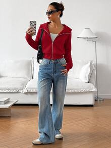 SHEIN EZwear 女款純色極簡運動休閒寬鬆連帽衛衣，適合畢業、機場、返校穿搭，教師秋季灰色上衣 - 酒紅色 - 查看 5