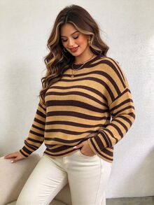 Elenzga Plus Size Women's Striped Crew Neck Drop Shoulder Long Sleeve Casual Pullover Sweater - Yellow - View 3
