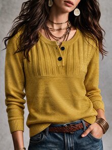 SHEIN 優雅米色羅紋針織長袖上衣，復古半鈕扣亨利領，通勤外套內搭毛衣 - 芥末黃 - 查看 6