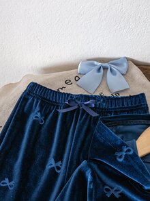 SHEIN 女童拉鍊連帽外套與蝴蝶結裝飾喇叭褲 2 件套，幼兒生日櫻桃秋季 7 歲生日粉色嬰兒 - 藏蓝色 - 查看 4