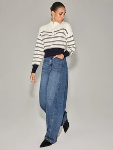 Anewsta Essential Women's New Autumn/Winter Long Sleeve Stand Collar Zipper Contrast Color Striped Knit Sweater - Apricot - View 3