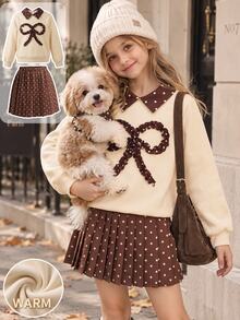 Tween Girls Fall Outfits 2Pcs Set Comfy Soft Long Sleeve Sweatshirt With Digital Print Bow Collar & Matching Pleated Mini Skirt For School Wear - Apricot - View 4