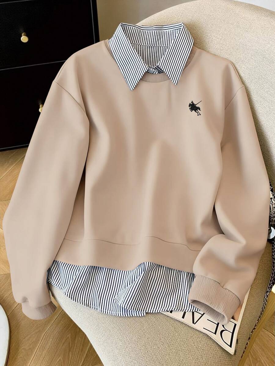 Resyla Women's Knight Print Patchwork Striped Collar Long Sleeve Casual 2 In 1 Sweatshirt - Khaki - View 1