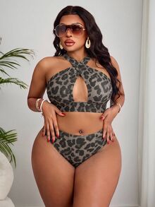 Slaydiva Plus Size Women's Summer Beach Leopard Print Halter Neck Tie Sexy Bikini And Triangle Bottom Two-Piece Swimsuit Set With Skirt - Multicolor - View 4