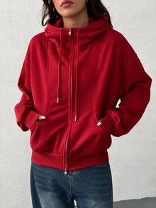 SHEIN EZwear 女款前拉鍊長袖口袋連帽衫，極簡休閒畢業季返校穿搭，適合女性教師，秋冬回歸款 - 紅色 - 查看 5