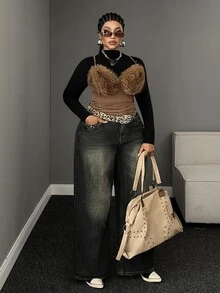 Maweii Plus Size Sleeveless Fur Trim Sexy Camisole Tank Top - Brown - View 3