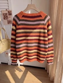 Comfortcana Plus Size Burnt Orange Striped Pattern Raglan Sleeve Sweater Halloween Thanksgiving Formal Graduation Vacation Autumn Retro Casual 80s - Multicolor - View 2