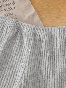 Young Boys 2pcs Ribbed Knit Outfit, Contrast Striped Collar Long Sleeve Top & Elastic Pants, Letter - Green - View 13