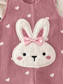 SHEIN 女嬰可愛兔子刺繡燈芯絨連身褲，滿版愛心印花，秋冬長褲，甜美公主風休閒套裝，適合節慶、派對、聚會與拍照 - 粉色 - 查看 3