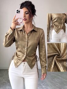 SHEIN Elenzya Women's Metal Texture Button Waist Tie Blouse - Gold - View 1