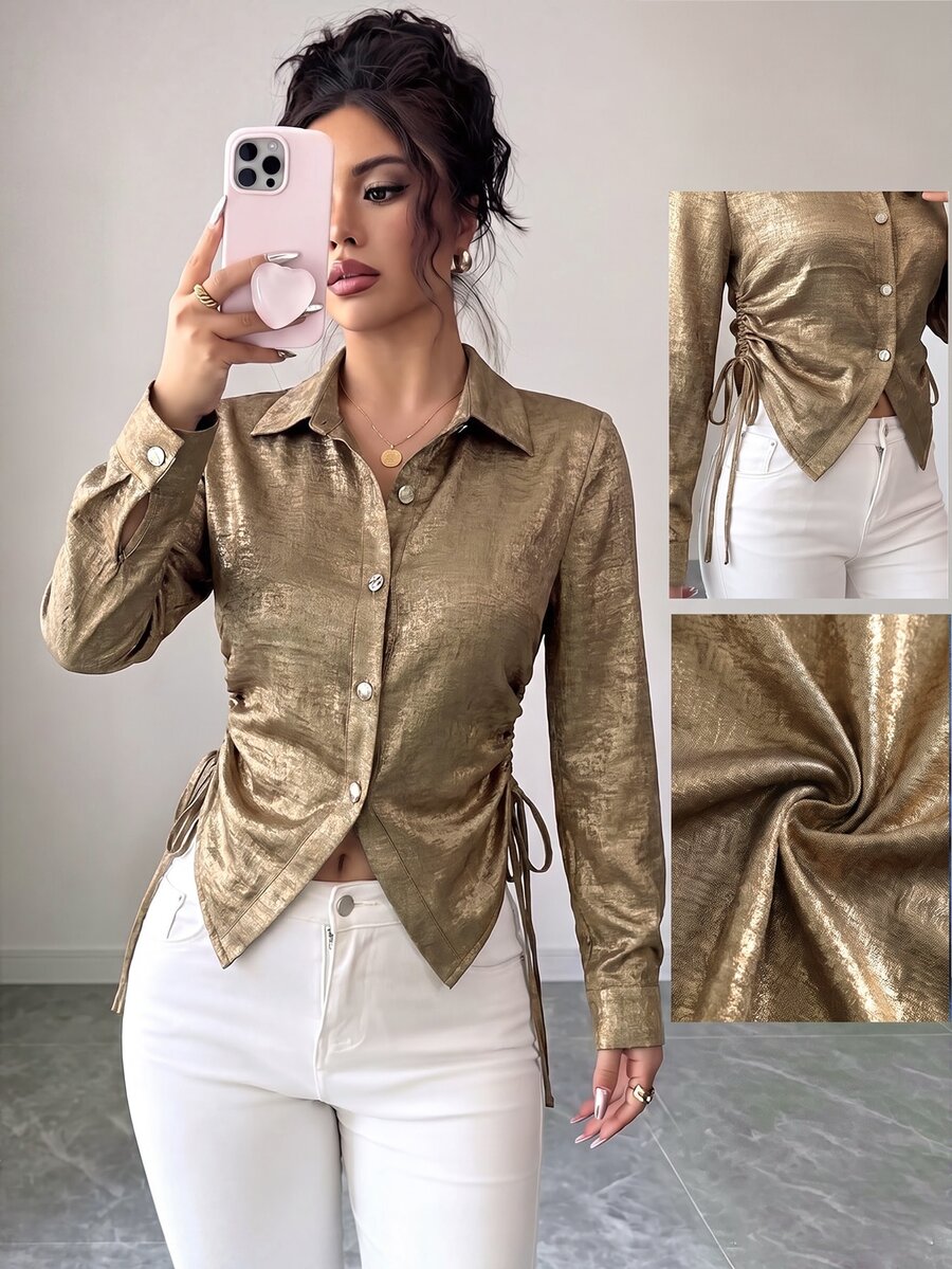 SHEIN Elenzya Women's Metal Texture Button Waist Tie Blouse - Gold - View 1