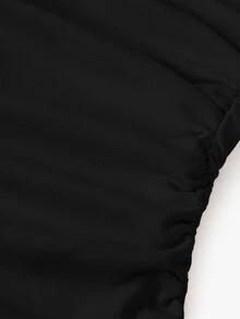 SHEIN Tween Girl Brown Long Kids Sleeve A Line Dress Everyday Casual Round Neck Flared Polyester Ruched Elegant - Black - View 4