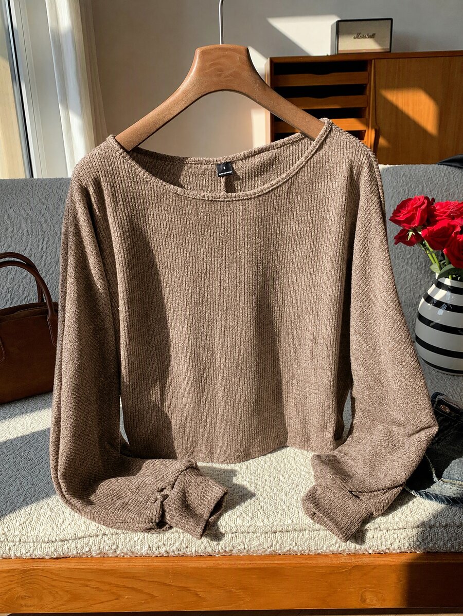 SHEIN EZwear 燈籠袖混色針織毛衣,秋冬款針織毛衣 - 駝色 - 查看 1