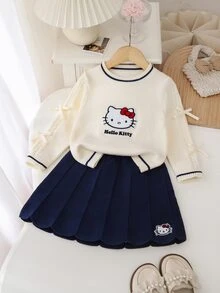 HELLO KITTY AND FRIENDS | SHEIN GraphicGems 女童 2 件套針織套裝，圓領毛衣與裙子，毛巾刺繡套頭針織上衣搭配紅色裙子，柔軟舒適，簡約可愛優雅風格，長袖，適合旅行與外出，秋冬款 - 藏蓝色 - 查看 3