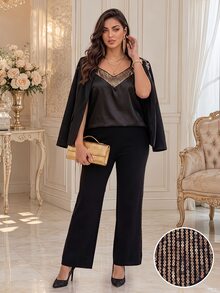 EMERY ROSE Women's Plus Size Black Sequin Satin Patchwork Elegant Tank Top - Black - View 5