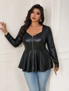 Femmeverse Women's Plus Size New Solid Color Square Neck Collarbone-Exposing A-Line Slimming Hip-Covering Zipper Front Elastic PU Long Sleeve Top - Black - View 6