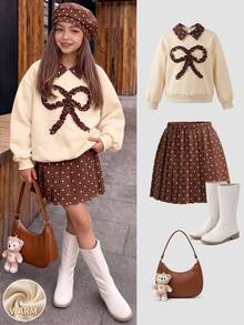 Tween Girls Fall Outfits 2Pcs Set Comfy Soft Long Sleeve Sweatshirt With Digital Print Bow Collar & Matching Pleated Mini Skirt For School Wear - Apricot - View 3