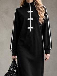 LUMIGAL Women's Striped Dress With Frog Buttons And Half-Zip Front - Black - View 3