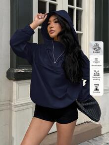 SHEIN EZwear 黑色連帽防風夾克，落肩設計，半透明梭織面料，四分之一拉鍊套頭式女款連帽衫，秋季女款連帽衫 - 藏蓝色 - 查看 6