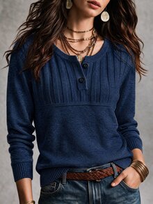 SHEIN 優雅米色羅紋針織長袖上衣，復古半鈕扣亨利領，通勤外套內搭毛衣 - 藏蓝色 - 查看 6