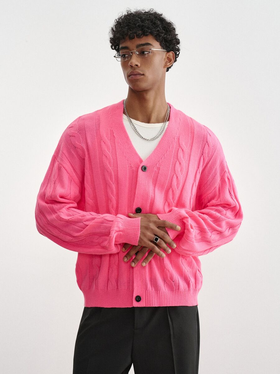 TOKVUE Men's Cable Knit Long Sleeve Single-Breasted Casual Cardigan - Hot Pink - View 1