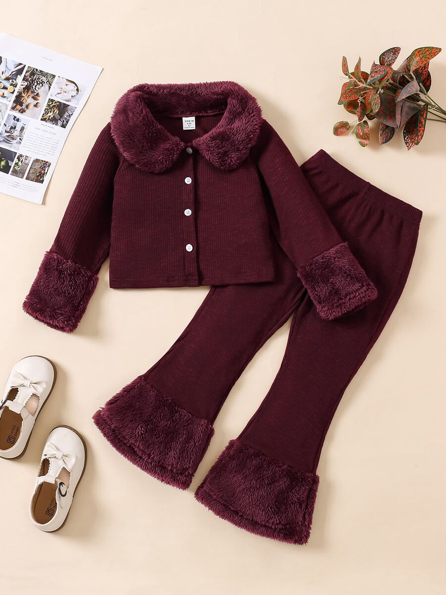 SHEIN Young Girl Furry Lapel & Cuffs Patchwork Jacket Top And Flare Legs Furry Patchwork Pants For Fall Winter Fashion - Burgundy - View 1