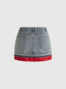 Paul Frank X ROMWE Plus Size Y2K Street Style Embroidered Colorblock Denim Mini Skirt - Blue - View 2