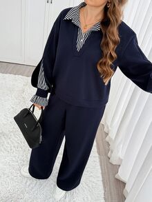 Easowa Curve Plus Size Women's 2 In 1 Patchwork Long Sleeve Top And Pants Casual Daily 2 Pieces Set - Navy Blue - View 6
