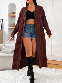 SHEIN EZwear 大尺碼女款純色極簡休閒長袖長版大衣 冬季秋季 - 巧克力棕 - 查看 5