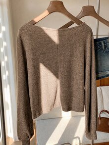 SHEIN EZwear 燈籠袖混色針織毛衣，秋冬款針織毛衣 - 駝色 - 查看 2