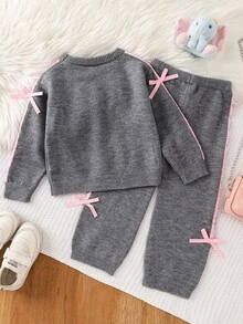 SHEIN Young Girl Solid Color Kids Knit Round Neck Bow Pattern Loose Casual Autumn Top And Fitted Flared Long Pants Sweater Set 2pcs - Grey - View 2