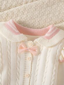 SHEIN Newborn Sweater Romper Pink And Apricot Color Block Gentle Cute Lady Ruffle Edge Handmade Bow Exquisite Stylish Versatile Suitable For Daily Wear Suitable For Outings Suitable For Daycare - Pink - View 5