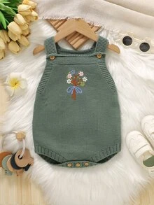 森系花卉刺繡嬰兒針織連身衣，復古綠無袖連身衣，可調節肩帶，鈕扣褲襠，適合日常穿著、家庭聚會、旅行與度假 - 綠色 - 查看 5