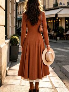 INAWLY Women's Fashionable Personalized Casual Vacation Style Lapel Neck Long Coat - Brown - View 2