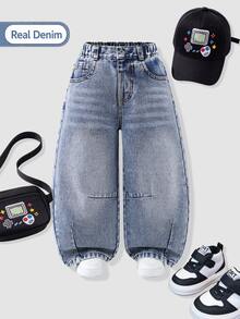 Young Boys' Denim Curved-Leg Jeans - Light Wash Loose Fit Casual Streetwear Trousers For Four Seasons - Light Wash - View 1