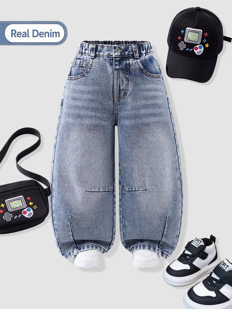 Young Boys' Denim Curved-Leg Jeans - Light Wash Loose Fit Casual Streetwear Trousers For Four Seasons - Light Wash - View 1