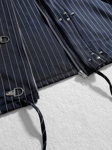 ROMWE MEN Men's Metal Button Decor Striped Drawstring Hooded Jacket - Navy Blue - View 4