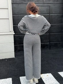 SHEIN 2件組女款針織套裝，法式小眾配色拼接 Polo 領寬鬆慵懶上衣搭配同色寬腿針織長褲，俐落下擺，舒適面料，適合日常休閒、戶外、購物、校園等場合，春秋穿著 - 彩色 - 查看 2