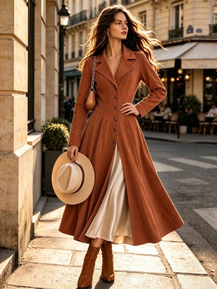 INAWLY Women's Fashionable Personalized Casual Vacation Style Lapel Neck Long Coat - Brown - View 1