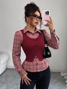 Elenzga 女款紅色格紋拼接羅紋布料翻領收腰顯瘦設計 2合1 高端優雅教師風服裝 日 Cyber Monday 萬聖節 單身派對 平安夜 聖誕節 感恩節 舒適秋季襯衫上衣 秋裝新款必備時尚單品 小眾設計 百搭風格 - 紅色 - 查看 5