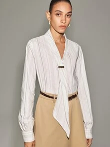 Anewsta Essential Anewsta Women's Textured Striped Cotton Blend Long Ribbon Metal Buckle Front Open Shirt, Minimalist Elegant, Fashion Commute - Black and White - View 1
