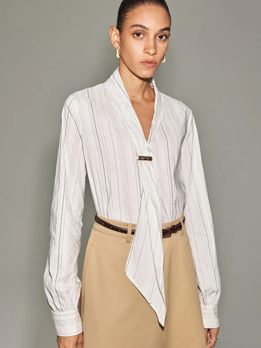 Anewsta Essential Anewsta Women's Textured Striped Cotton Blend Long Ribbon Metal Buckle Front Open Shirt, Minimalist Elegant, Fashion Commute - Black and White - View 1
