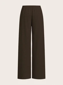 SHEIN EZwear 2色女款抽繩腰寬鬆休閒基礎寬腿居家舒適長褲，秋季女裝，巧克力棕、灰色 - 黑色 - 查看 6