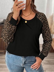 SHEIN CURVE+ Plus Size Vintage Leopard Print Casual Raglan Sleeve Loose Fit T-Shirt - Multicolor - View 6