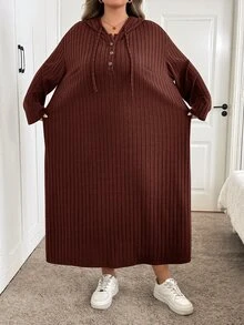 SHEIN CURVE+ 女款大尺碼 22W 連帽長洋裝，秋冬季 - 咖啡棕 - 查看 8